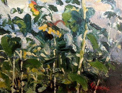 Impressionistic oil painting by Cherkas A.G. of lush green foliage with vibrant yellow sunflowers