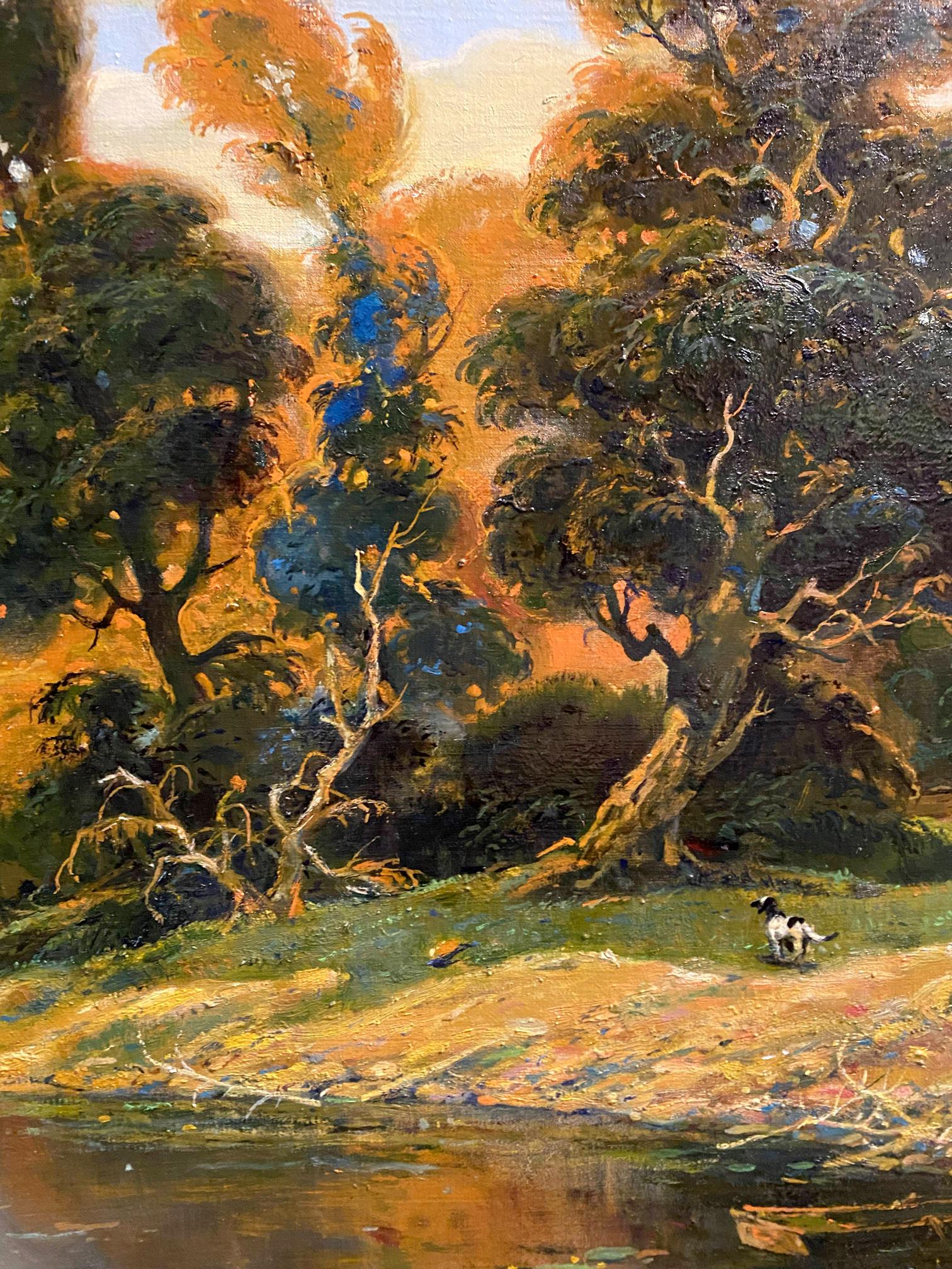 Rustic oil painting Quiet River by Litvinov Oleg Arkadyevich with dog