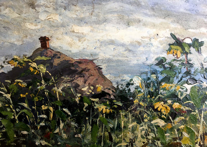 Oil painting by Cherkas A.G.: rustic chimney on hill with sunflowers