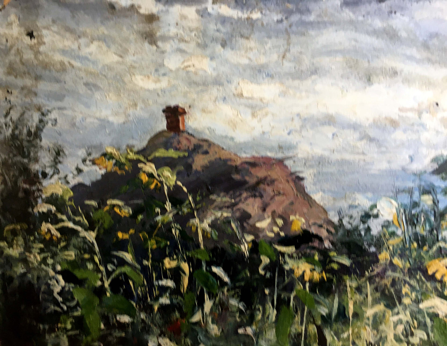 Oil painting by Cherkas A.G.: rustic reddish-brown chimney on rocky hillside under textured sky