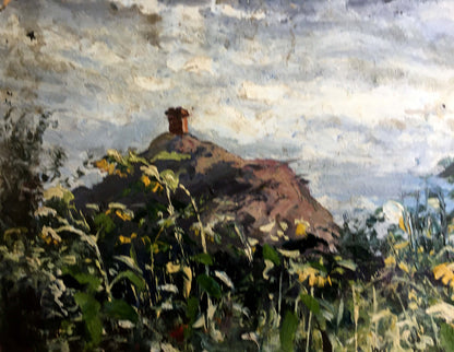 Oil painting by Cherkas A.G.: rustic reddish-brown chimney on rocky hillside under textured sky