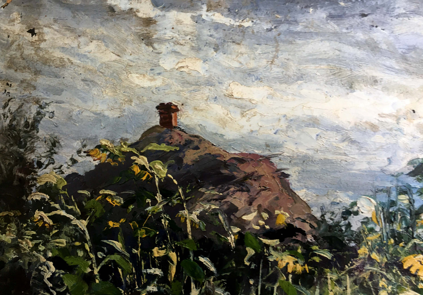 Oil painting by Cherkas A.G.: rustic red brick chimney amid sunflowers