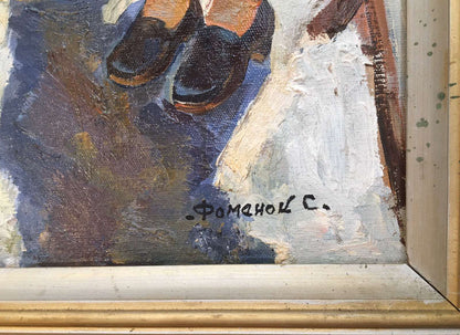Signed oil painting of brown leather shoes with orange soles by Fomenok Stanislav Fedorovich