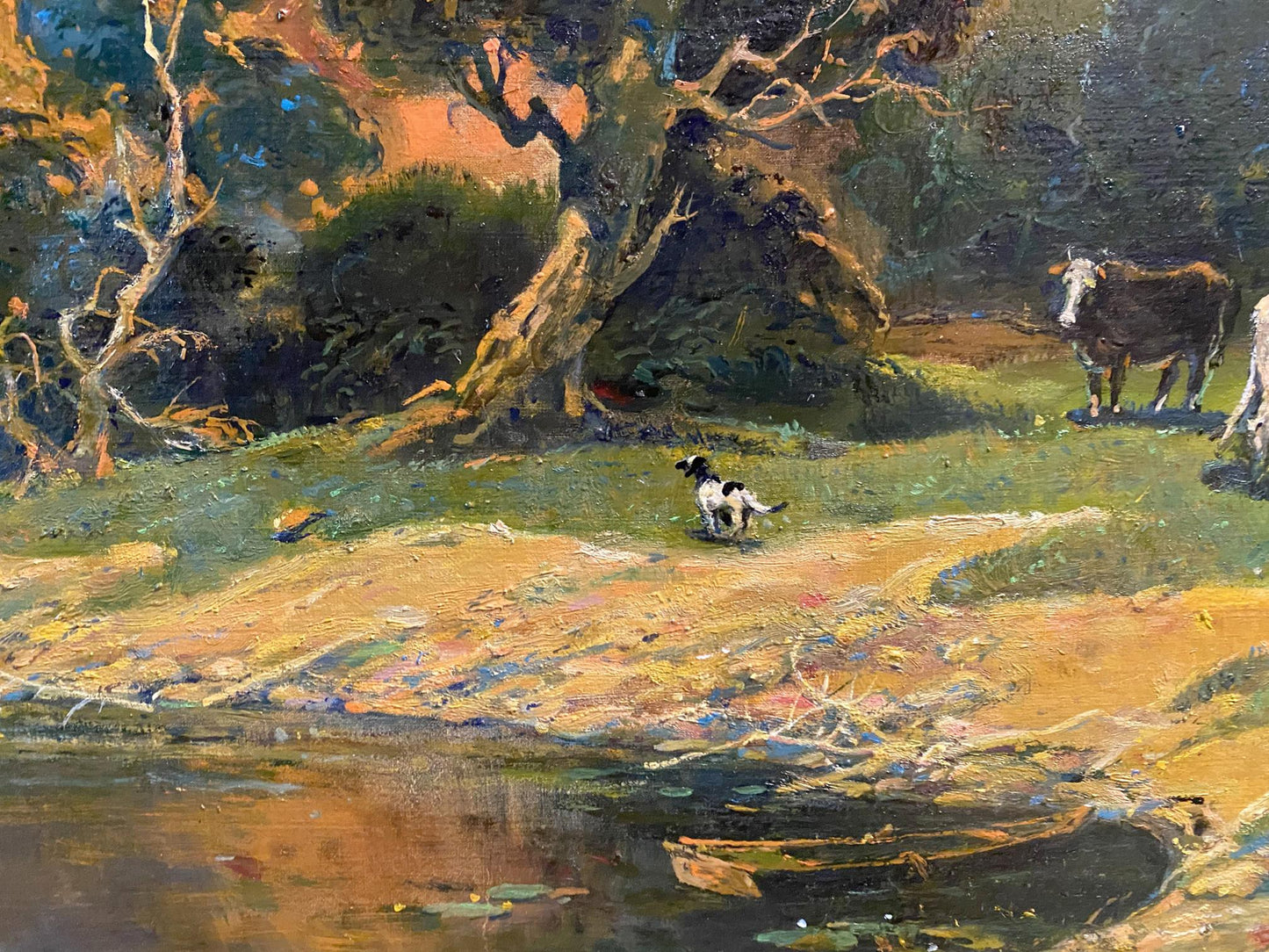 Black and white dog on sunlit path by quiet river, Litvinov Oleg Arkad’yevich oil painting