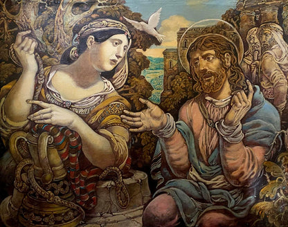 Oil painting by Litvinov Oleg Arkad’yevich: Christ with woman in ornate robes