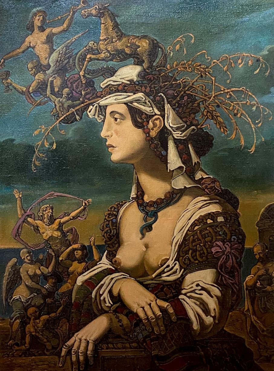 Oil painting of summer mythological portrait by Oleg Litvinov: woman in profile