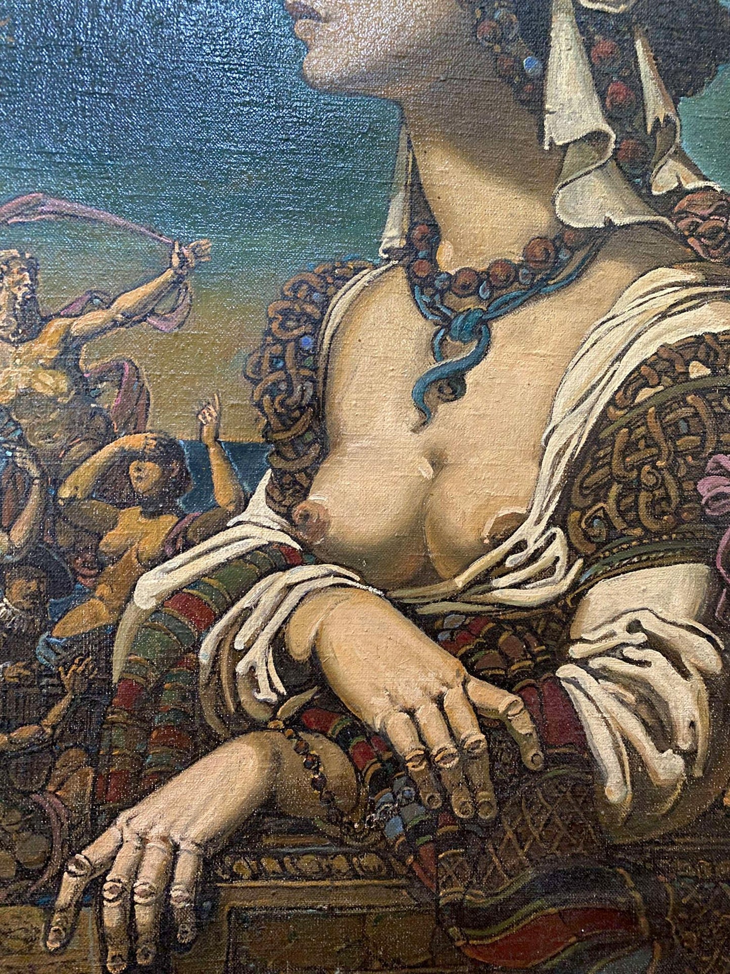 Ornate beaded necklace with blue ribbon in Oleg Litvinov summer mythological portrait oil painting