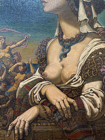 Ornate beaded necklace with blue ribbon in Oleg Litvinov summer mythological portrait oil painting
