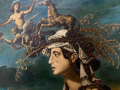 Oil painting Summer mythological portrait by Oleg Litvinov: woman in profile with vines, berries
