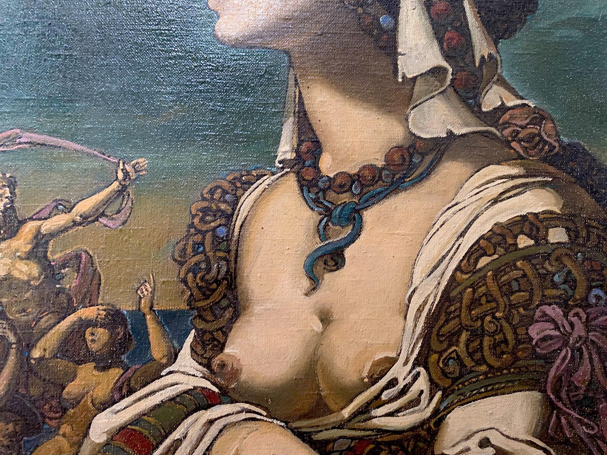 Oil painting by Oleg Litvinov: womans ornate necklace with dark brown beads and blue ribbon on bare chest