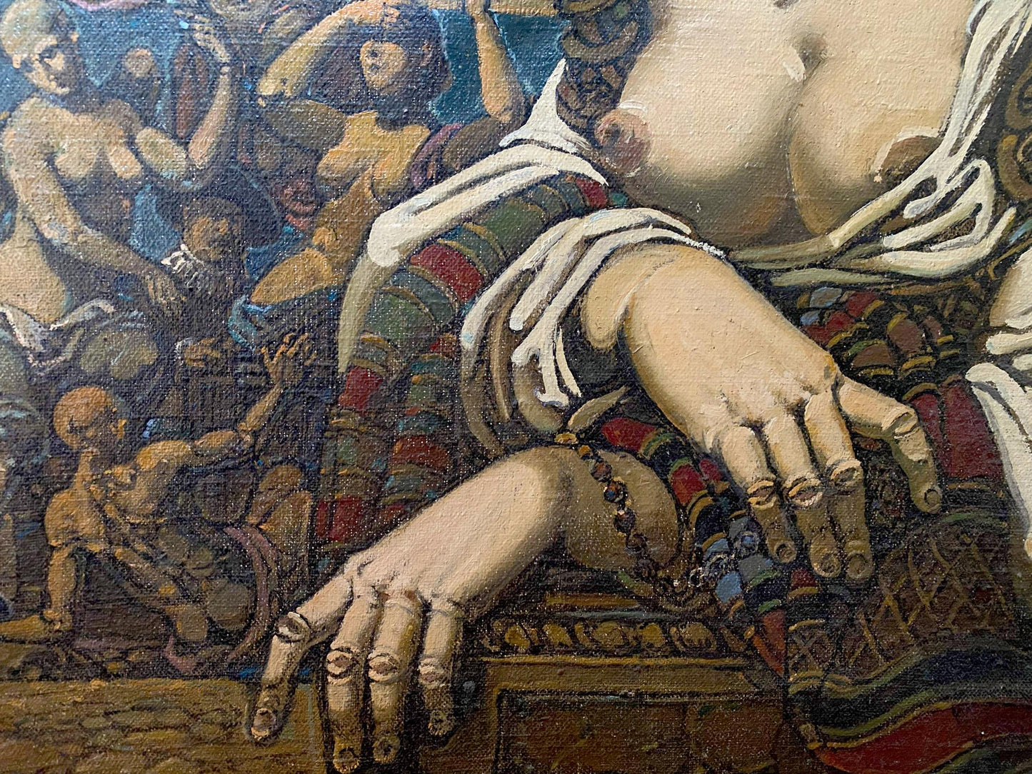 Oil painting of pale slender hand on patterned fabric by Oleg Litvinov
