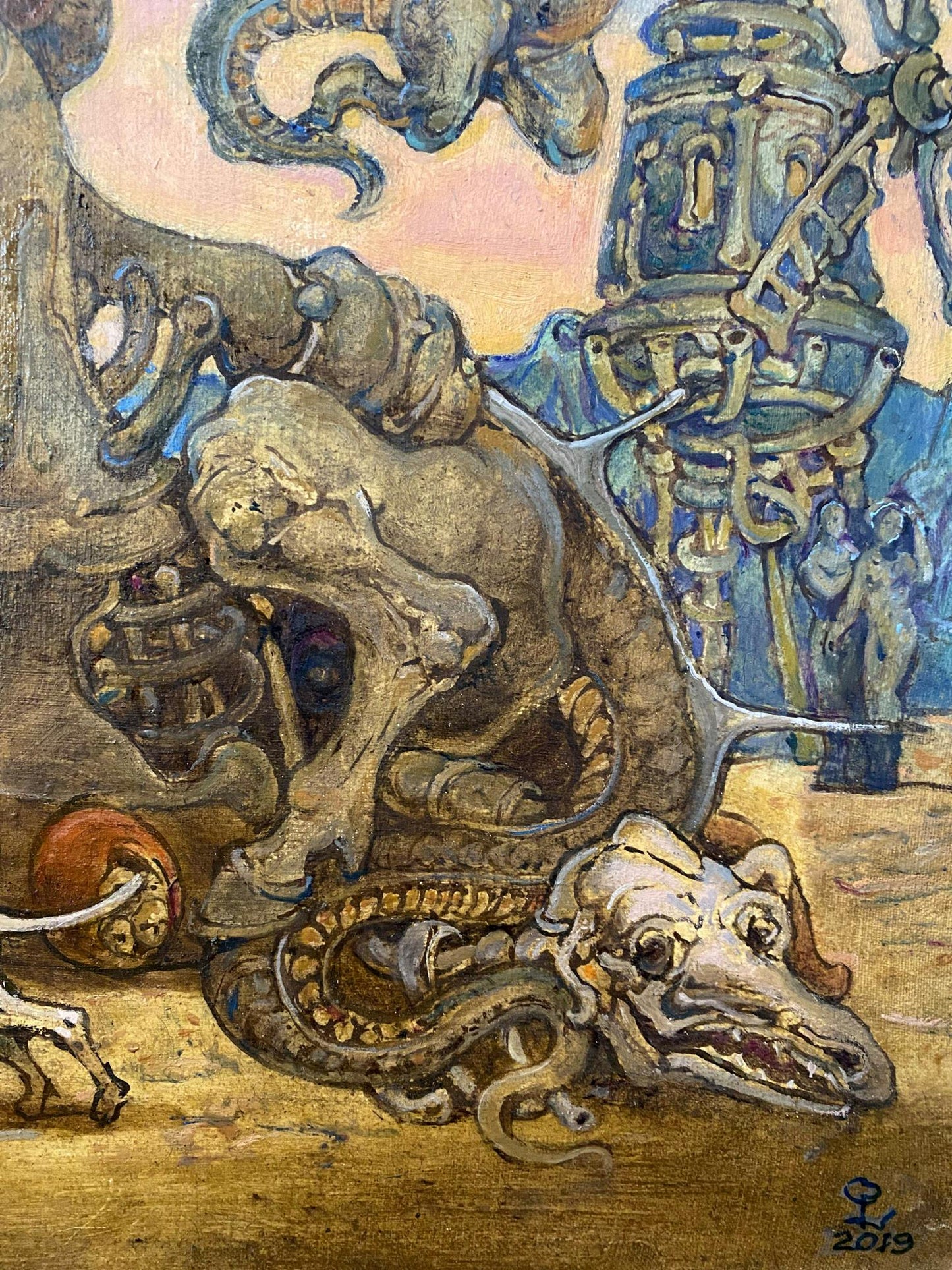 Surreal skeletal serpentine creature oil painting by Litvinov Oleg Arkad’yevich