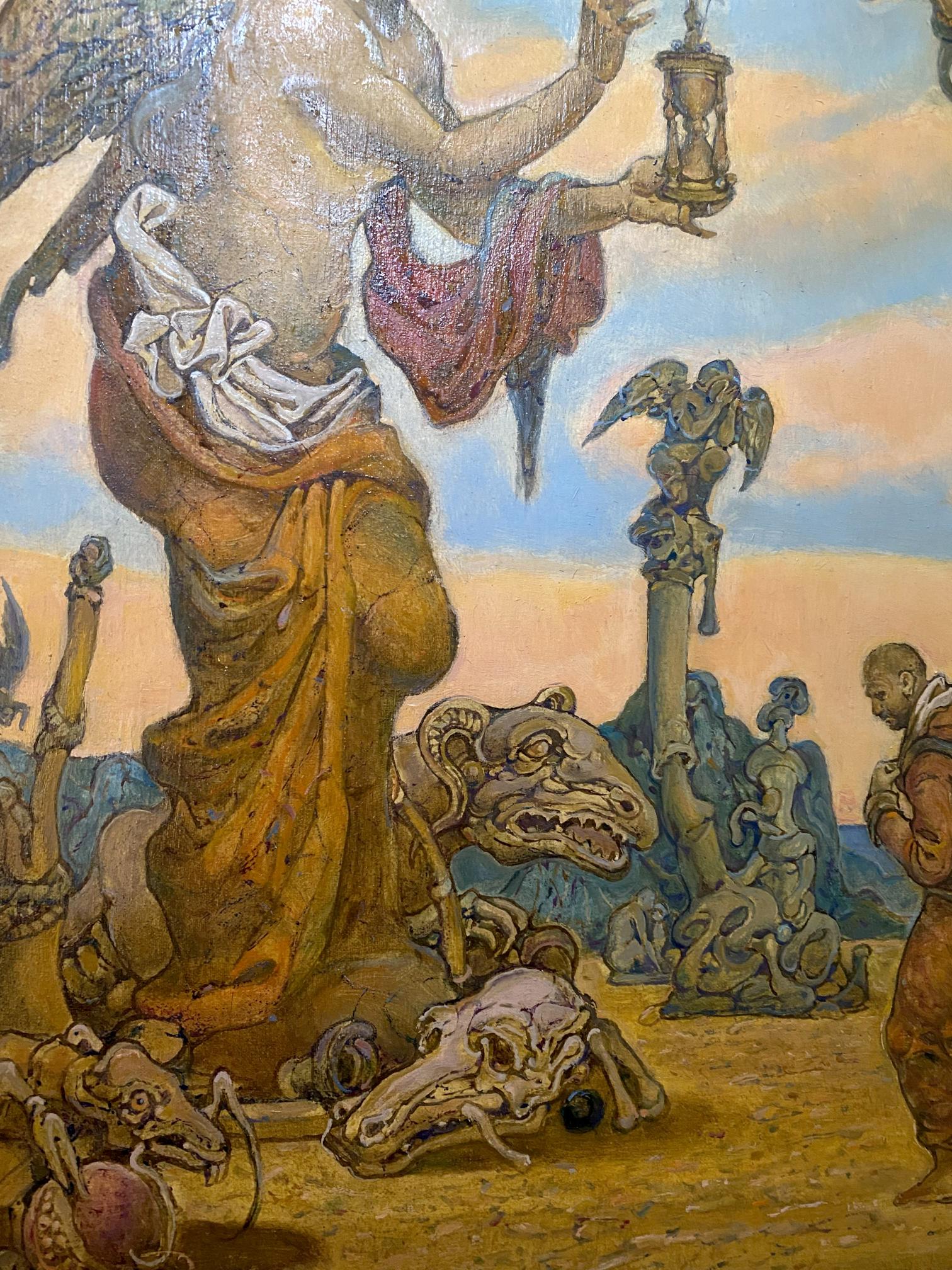 Oil painting by Litvinov Oleg Arkad’yevich: muscular winged figure with hourglass