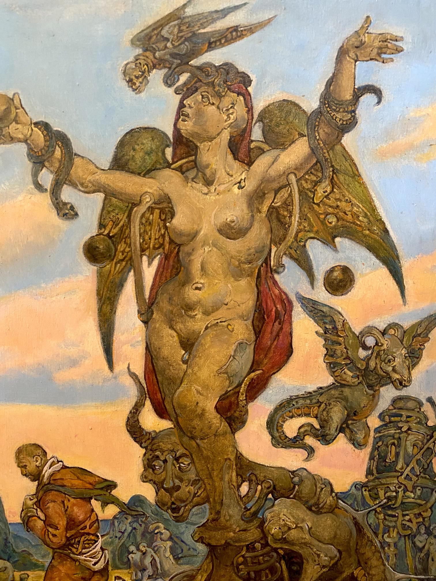 Oil painting by Litvinov Oleg Arkad’yevich: nude golden-winged female with snakes, skulls