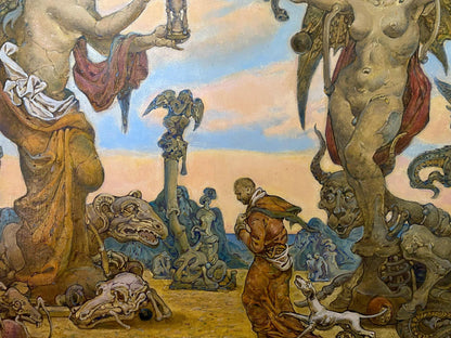 Surreal oil painting by Litvinov Oleg Arkad’yevich: figure in orange robes kneels before winged horned statues