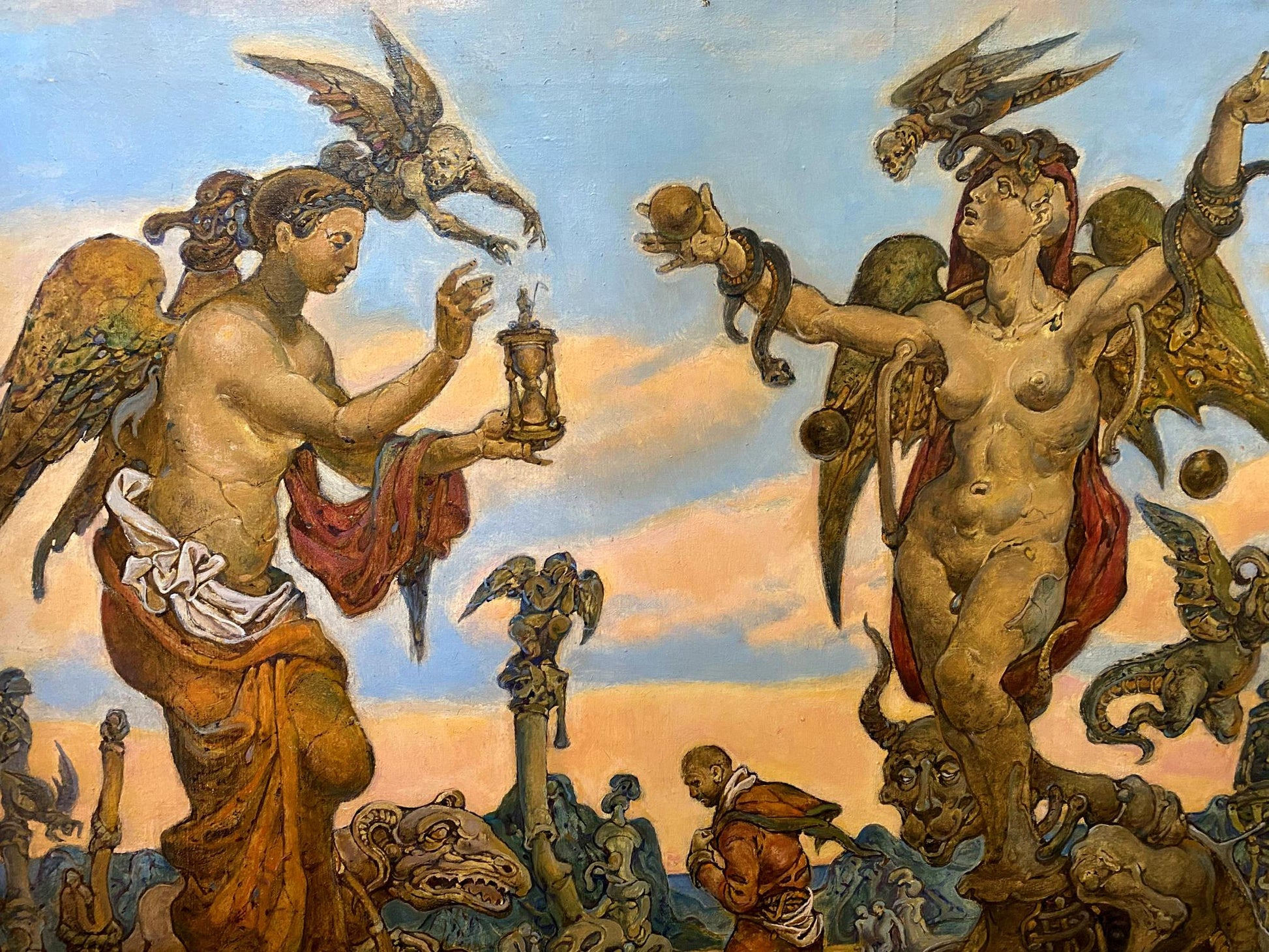 Surreal oil painting by Litvinov Oleg Arkad’yevich: winged figures with lantern