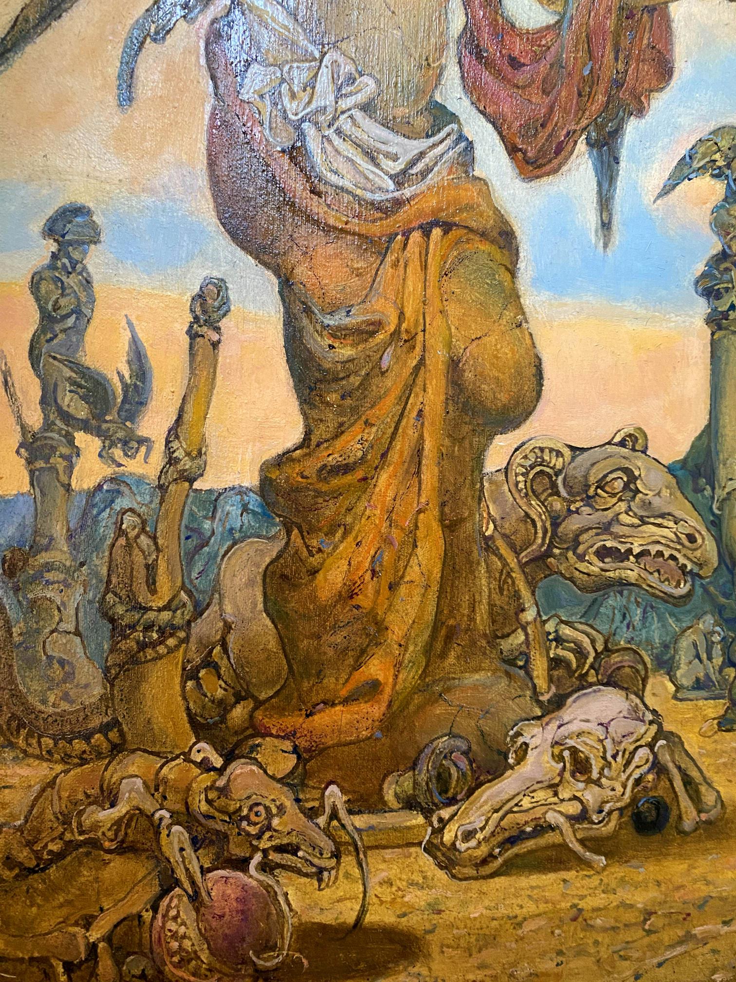 Oil painting by Litvinov Oleg Arkad’yevich: towering draped figure in surreal landscape