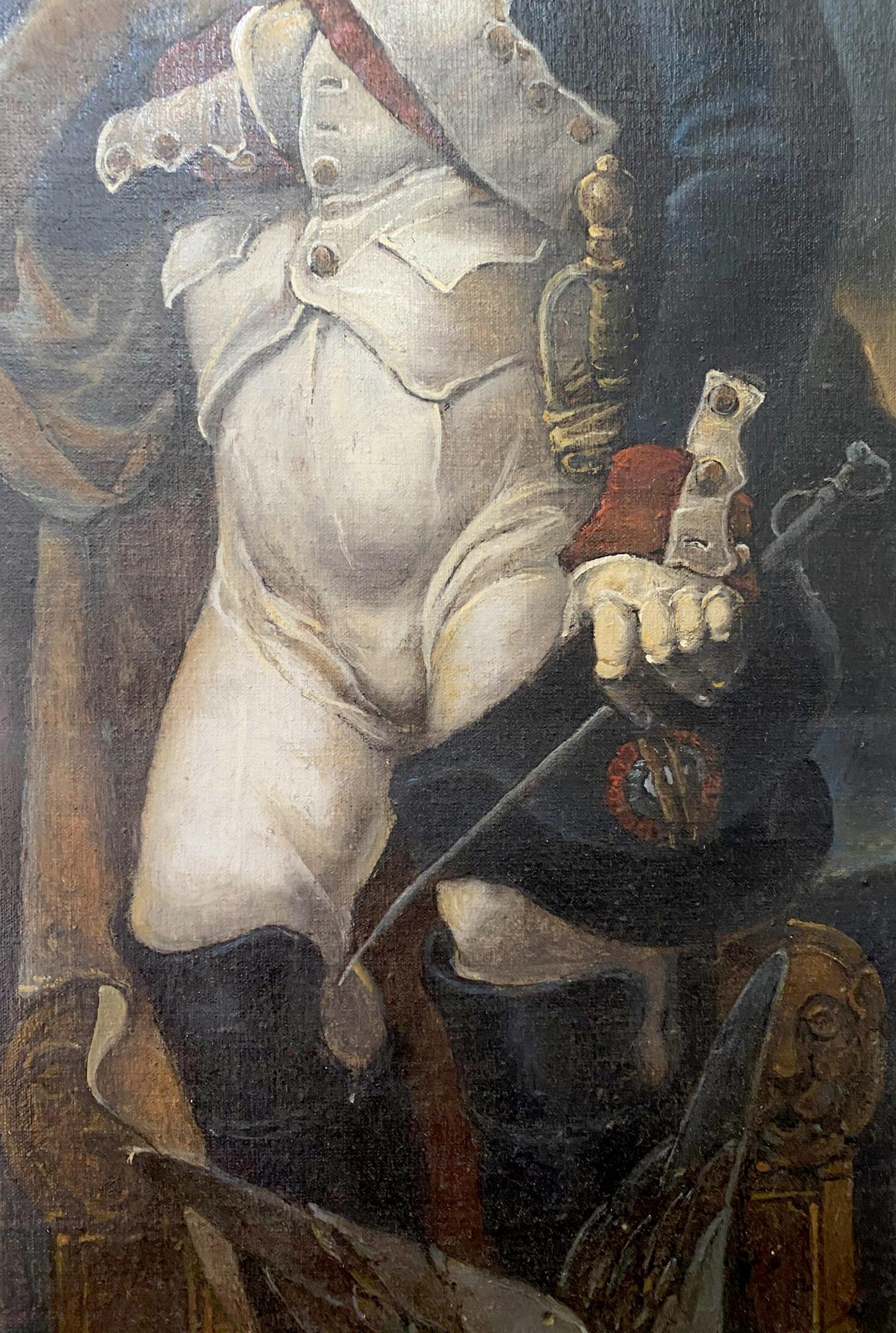 Oil painting of Emperor Napoleon in white military coat with gold buttons