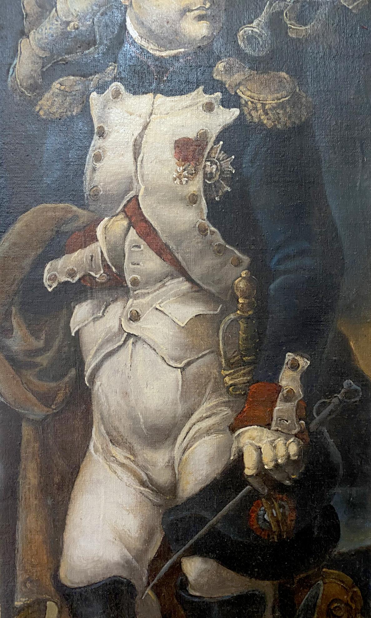 Oil painting of Emperor Napoleon in white military coat with gold buttons, red sash, ornate medal by Litvinov Oleg Arkadyevich