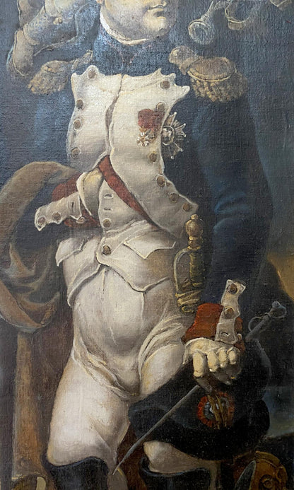 Oil painting of Emperor Napoleon in white military coat with gold buttons, red sash, ornate medal by Litvinov Oleg Arkadyevich