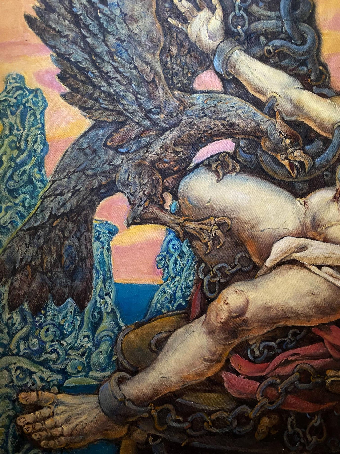 Oil painting Prometheus by Litvinov Oleg Arkad’yevich: winged creature atop chained figure
