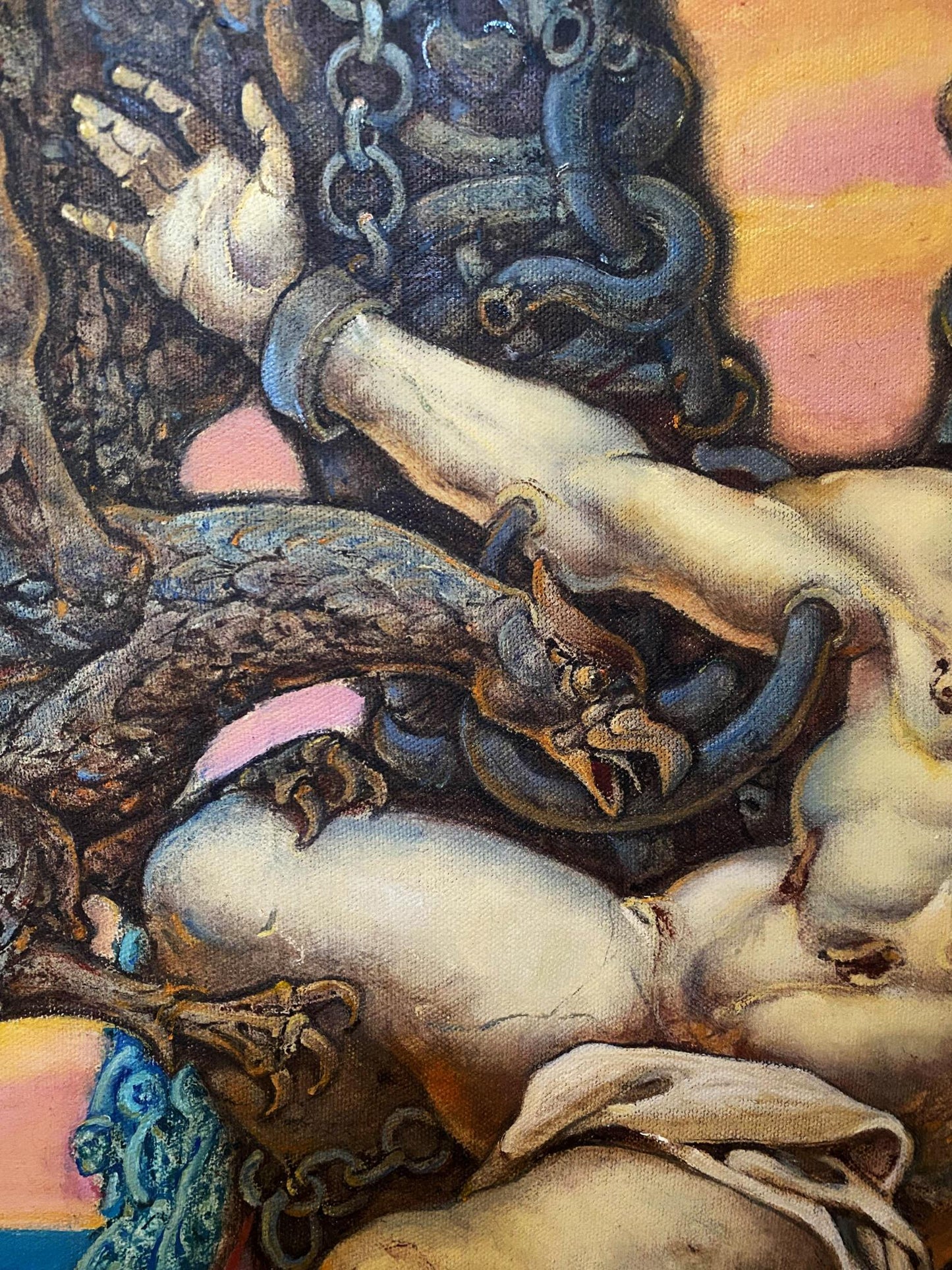 Oil painting by Prometheus Litvinov Oleg Arkad’yevich: muscular nude arm in dark blue chains