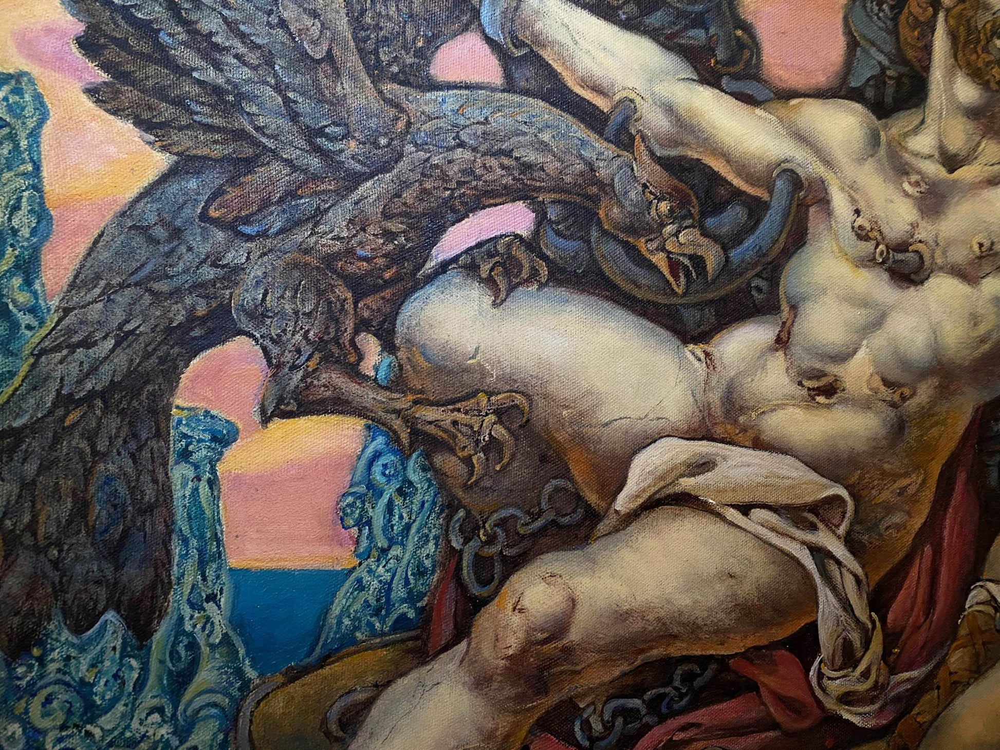 Oil painting by Litvinov Oleg Arkad’yevich: winged creature clutches nude muscular figure
