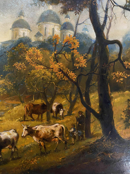Rustic oil painting by Litvinov Oleg Arkad’yevich: cows grazing under autumn trees with distant domed churches