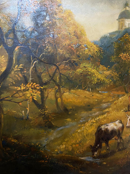 Rustic oil painting by Litvinov Oleg Arkad’yevich of patched cow grazing by stream in autumn forest