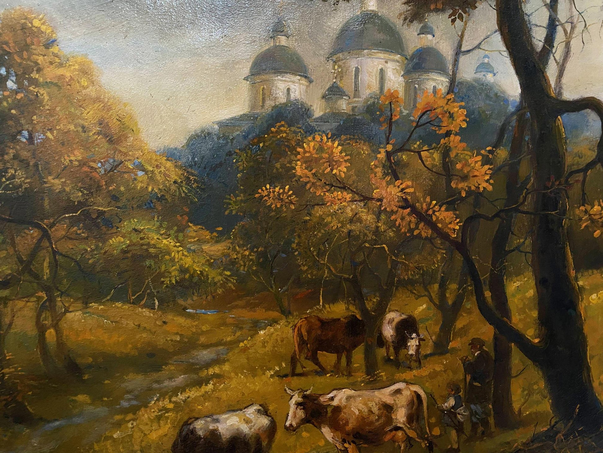 Serene autumn oil painting by Litvinov Oleg Arkad’yevich with domed churches