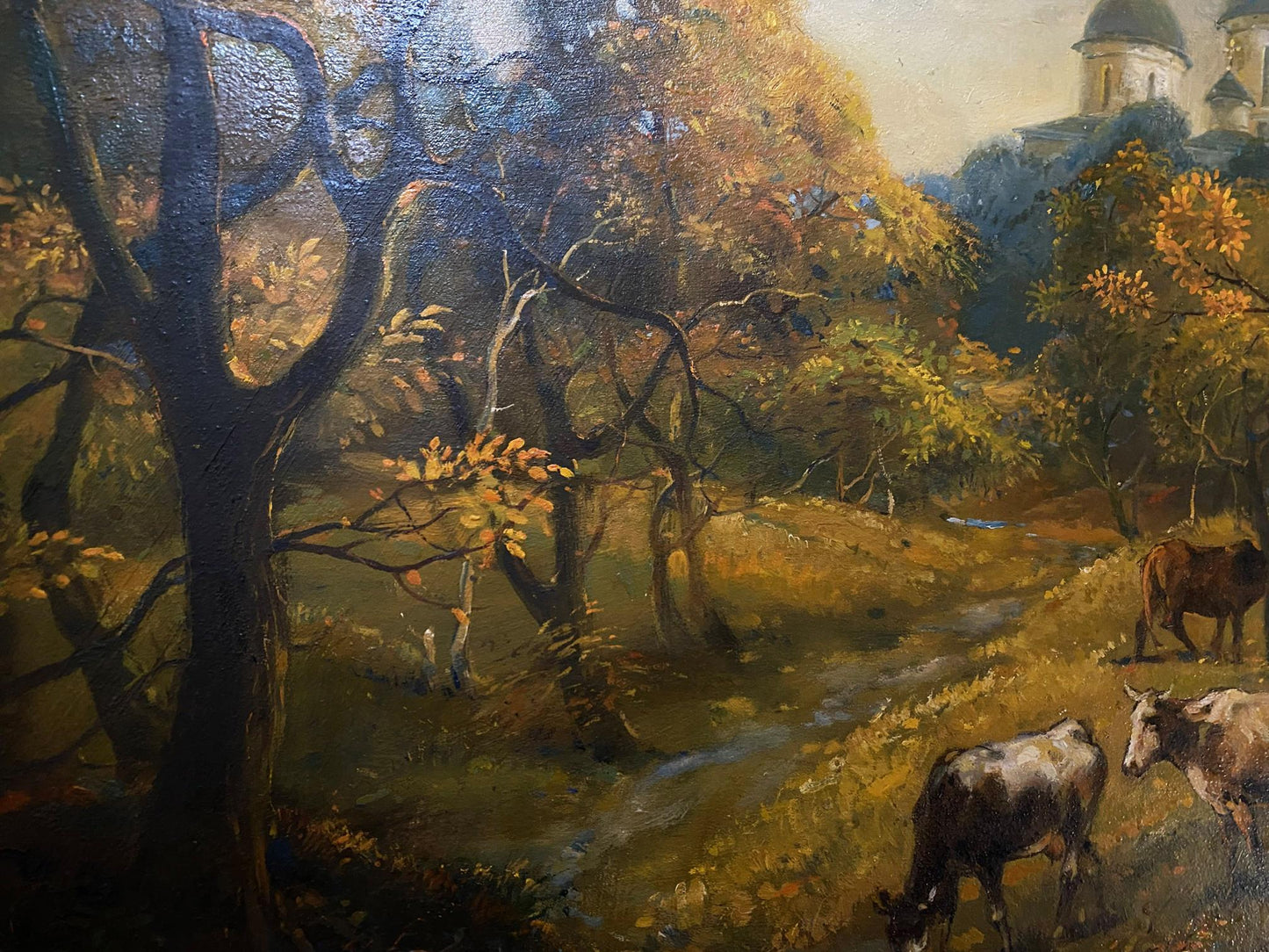 Oil painting October is already in the yard by Litvinov Oleg Arkad’yevich: cows graze under golden trees