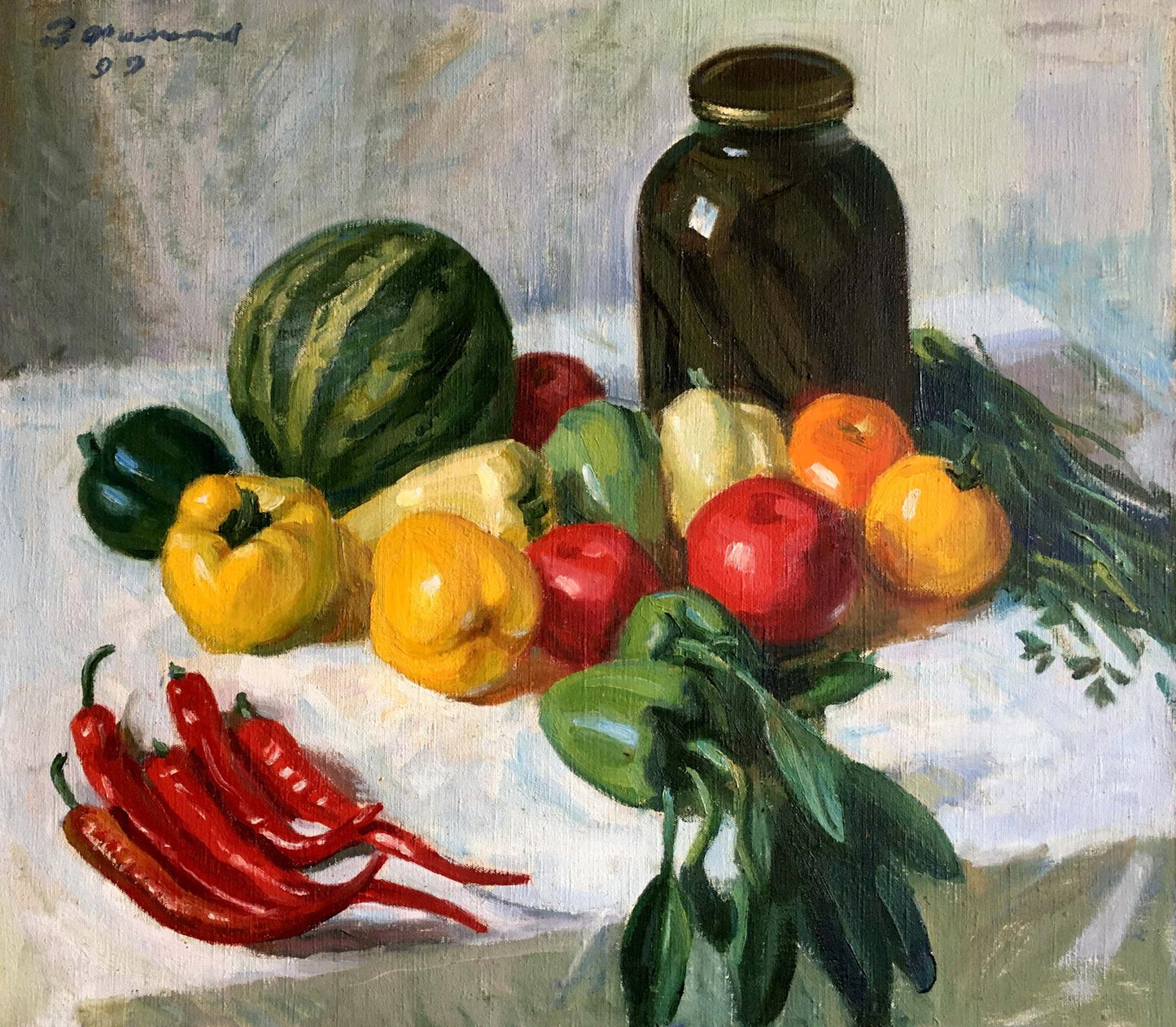 Dark green striped watermelon in Filippov Z. I. oil painting still life