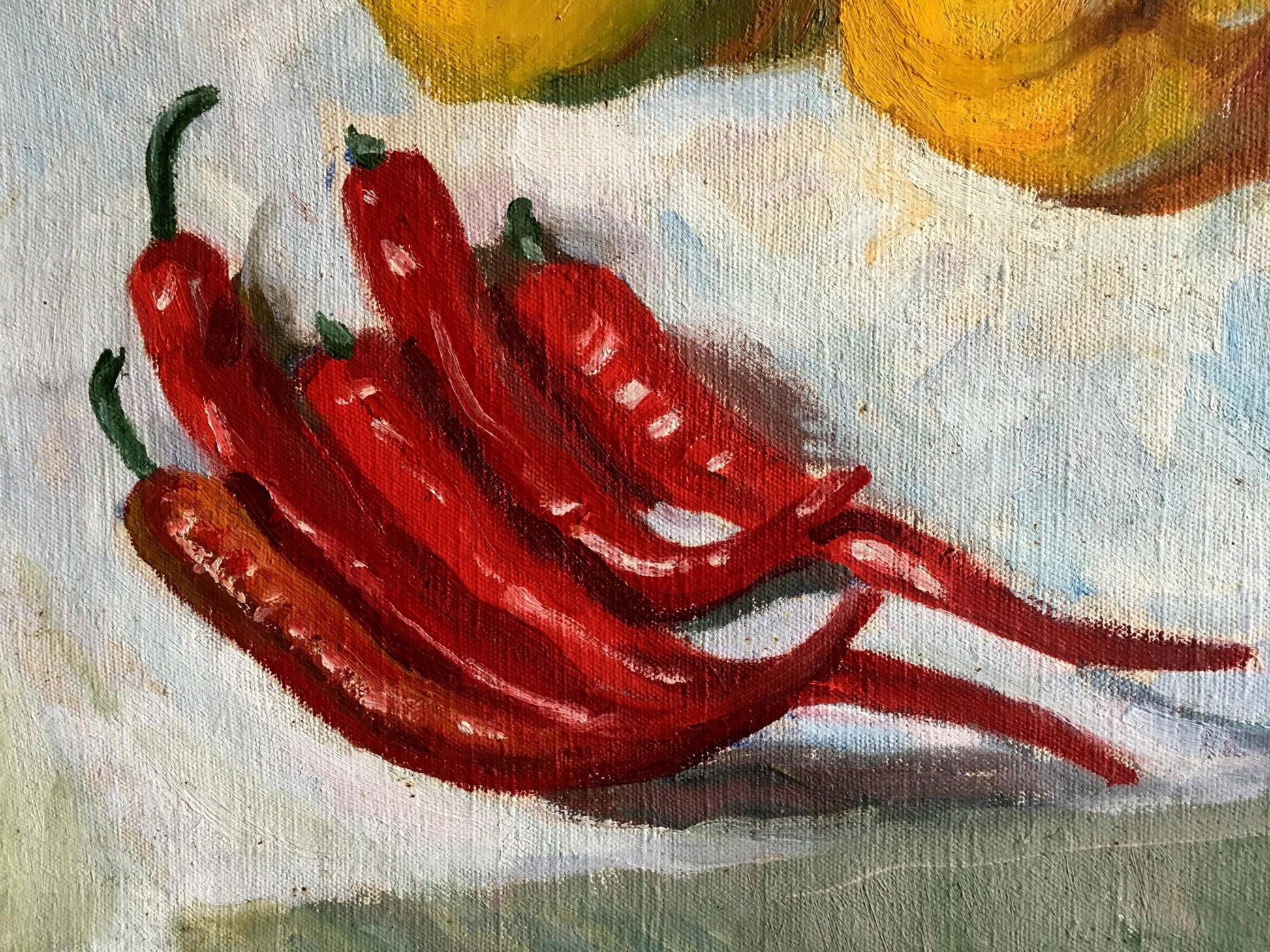 Oil painting by Filippov Z.I.: vibrant red chili peppers with green stems