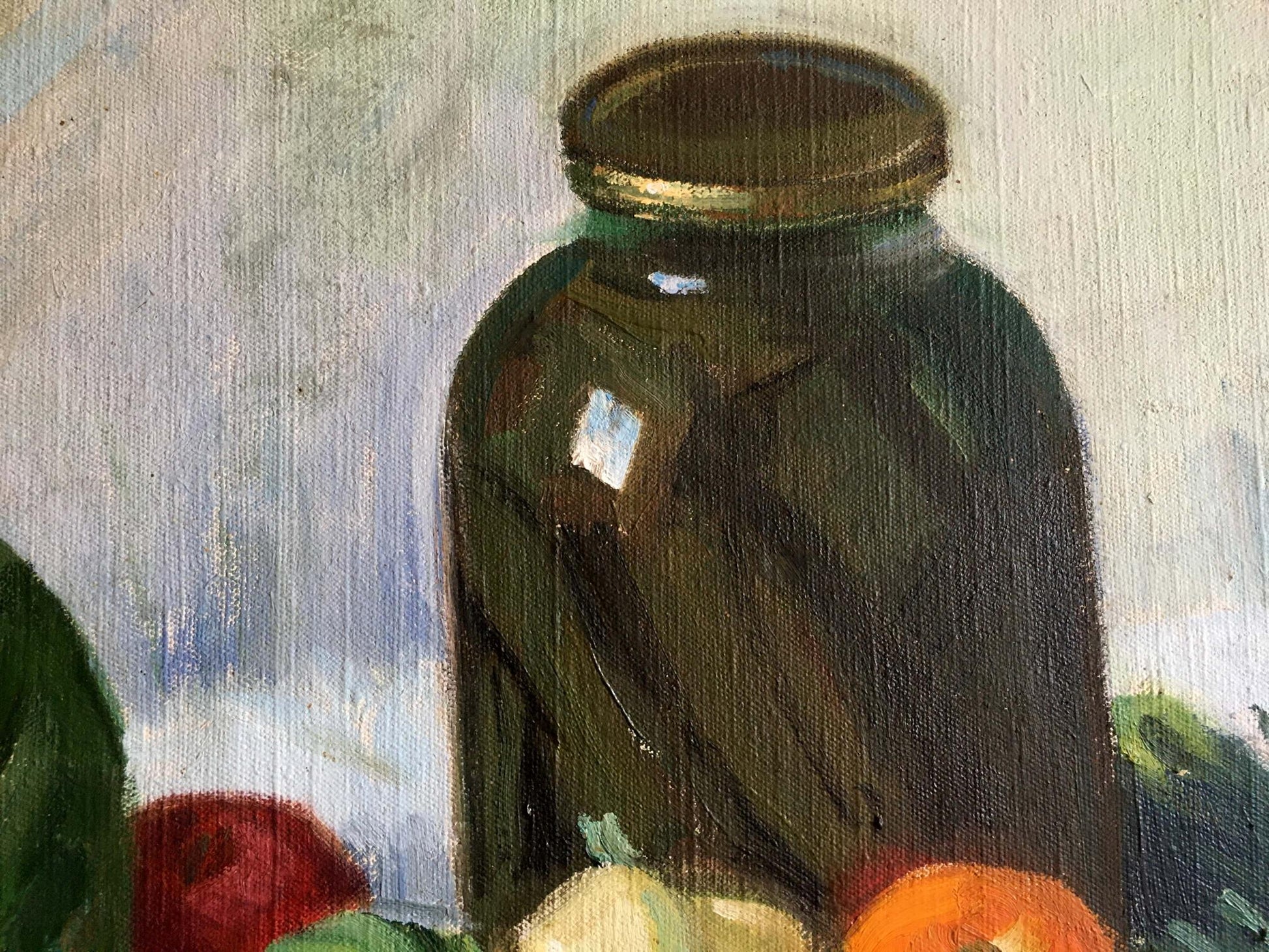 Impressionistic oil painting of dark green glass jar with metallic lid by Filippov Z. I