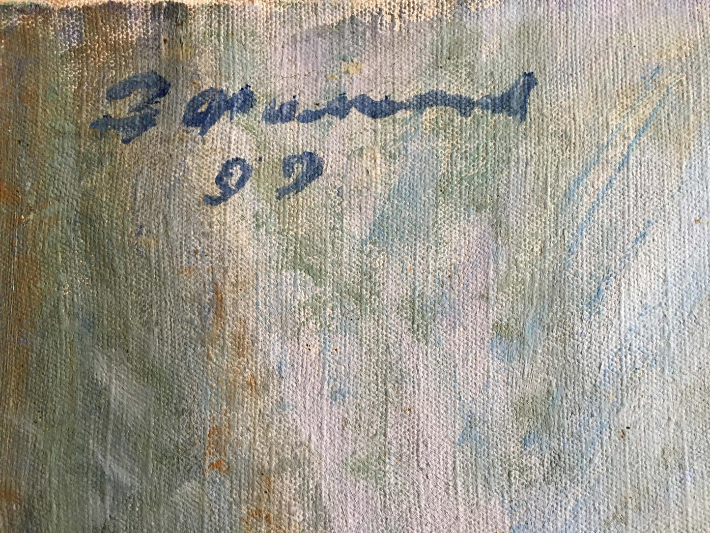 Back of Filippov Z.I. oil painting with Zorin 92 blue ink signature on canvas