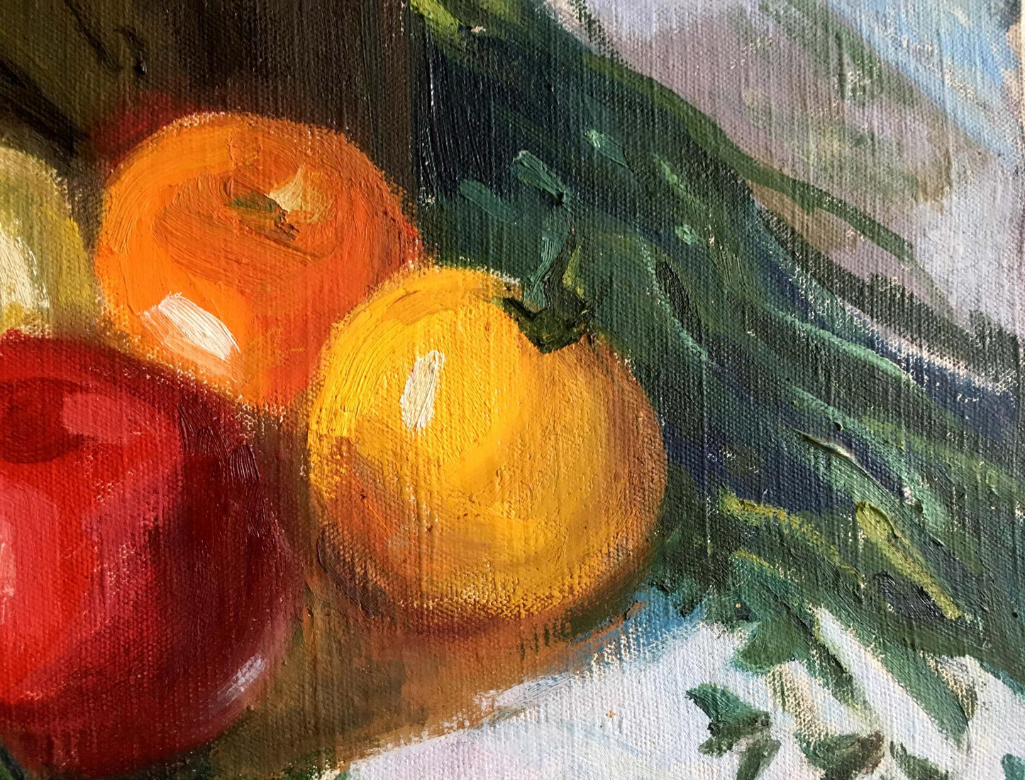 Oil painting by Filippov Z.I.: ripe red, orange, yellow tomatoes with green foliage