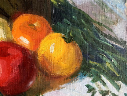 Oil painting by Filippov Z.I.: ripe red, orange, yellow tomatoes with green foliage