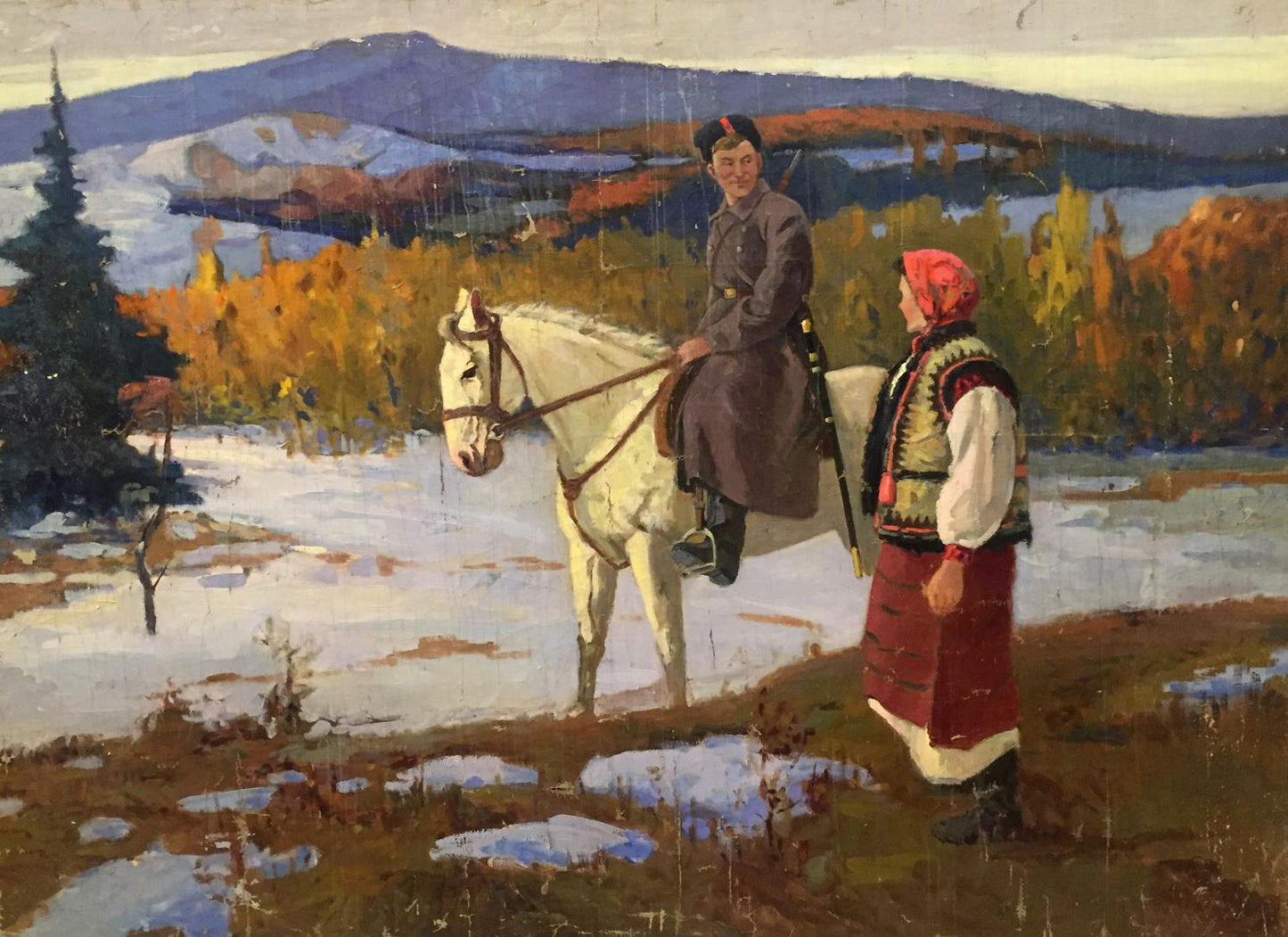 Oil painting of mom with son: white horse in snowy landscape