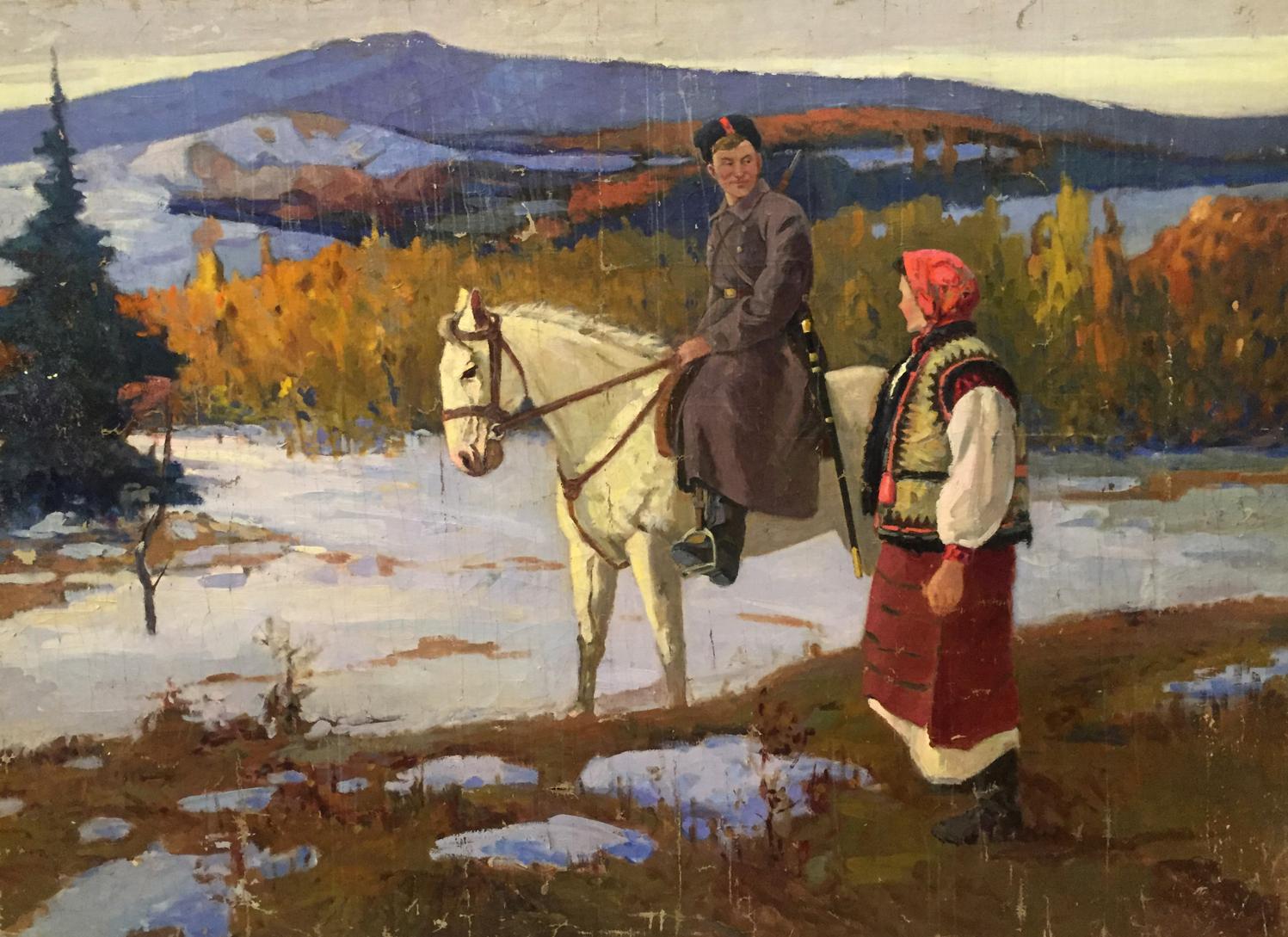 Oil painting of mom with son: white horse in snowy landscape