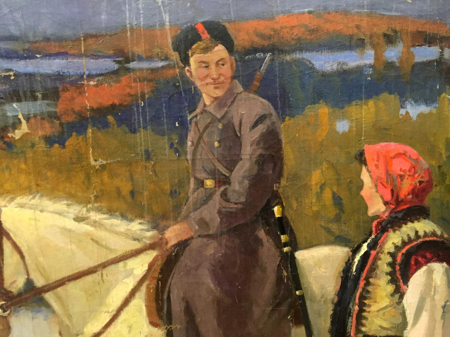 Oil painting of mom with son: young man in red feathered military hat beside woman in red headscarf and embroidered vest