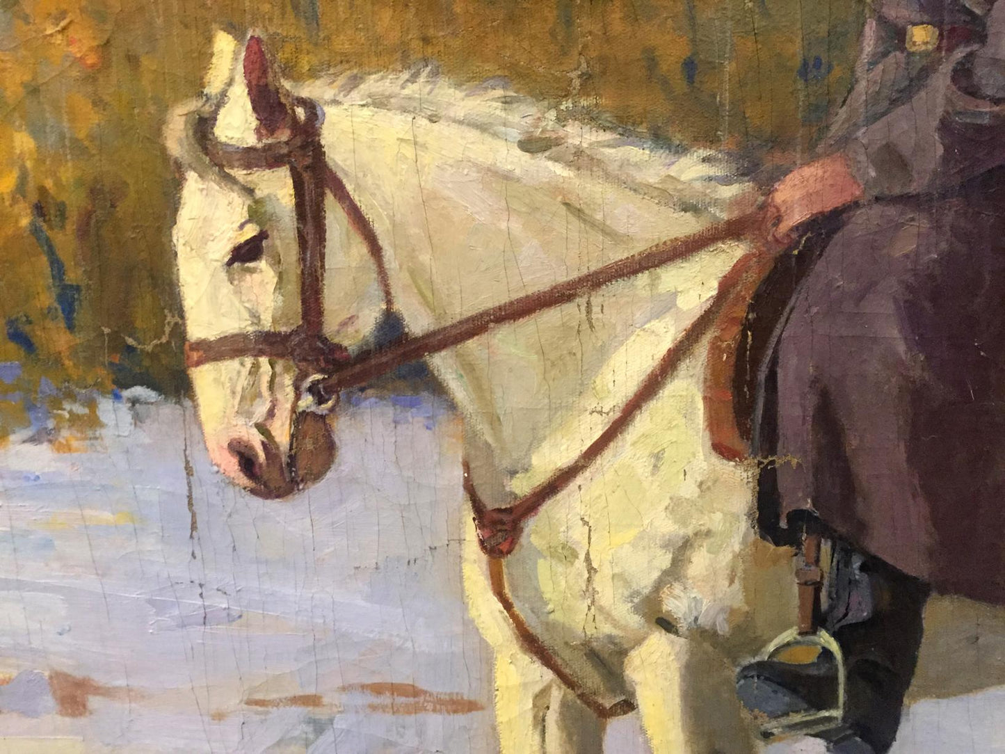 Impressionistic oil painting of white horse with brown bridle and reins