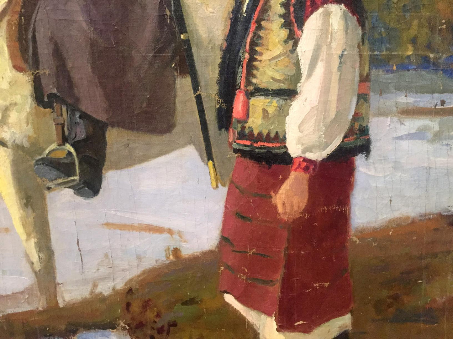 Oil painting of mom with son in red black vest white shirt red skirt