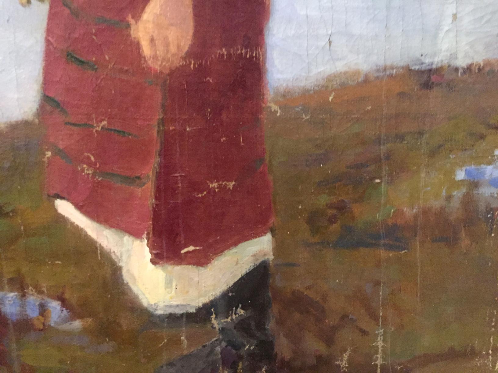 Oil painting Mom with son: textured deep red garment with black stripes, white hem