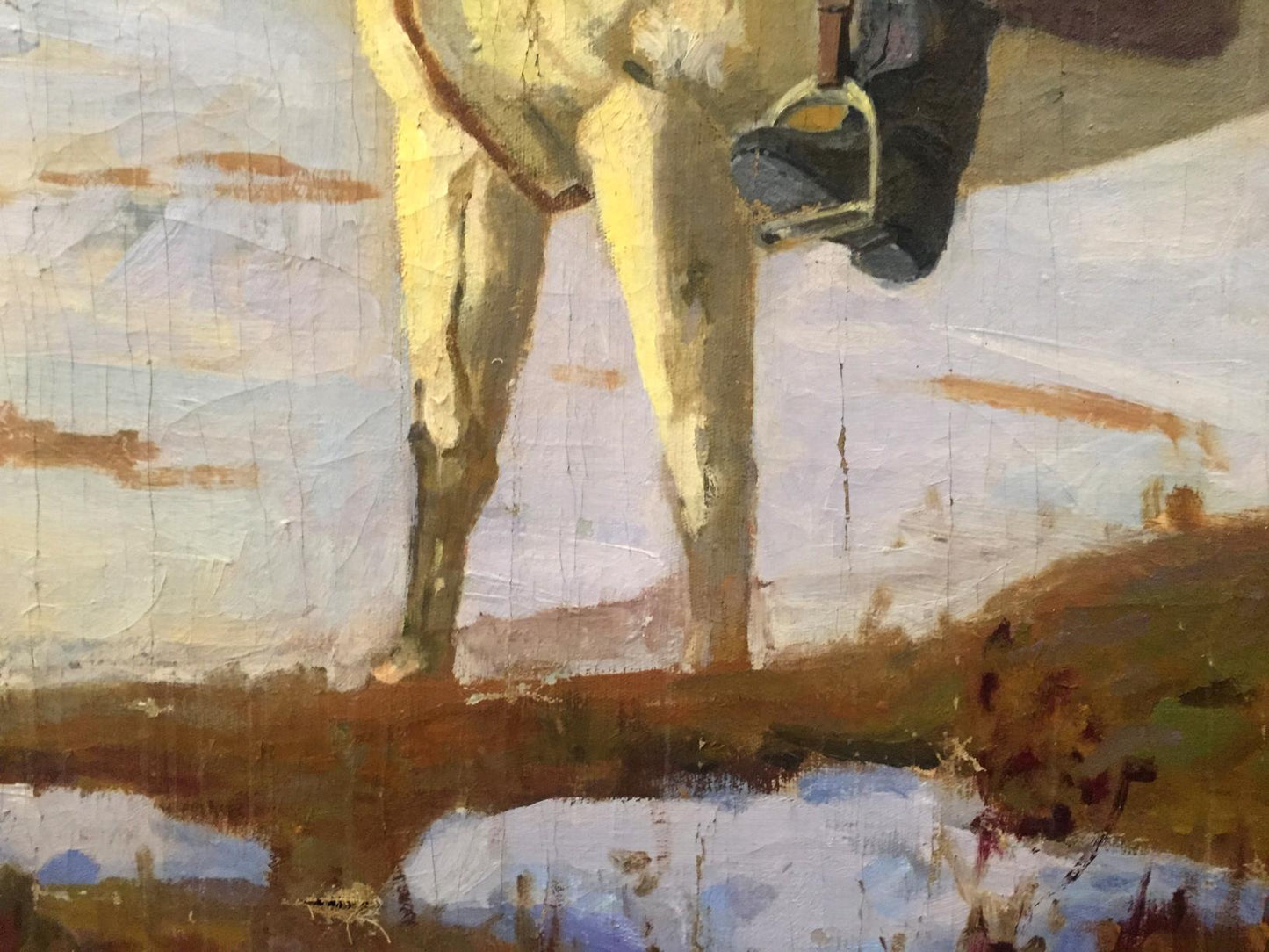 Oil painting of mom with son: pale yellow horse, dark boot and stirrup