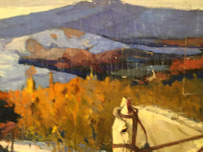Impressionistic oil painting of mom with son as white horse in autumn landscape
