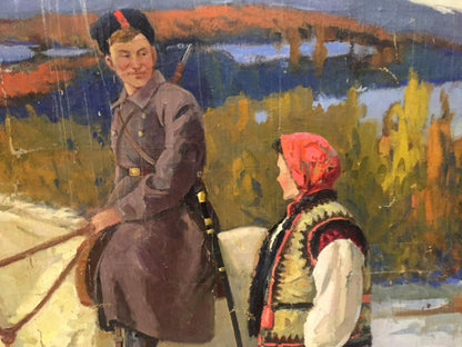 Oil painting of mom with son: man in dark uniform, woman in red headscarf vest