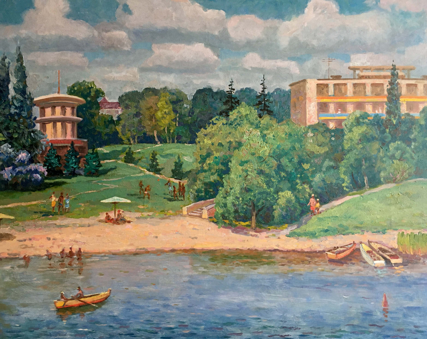 Vibrant oil painting by Shvets Viktor Alexandrovich of sunny riverside scene