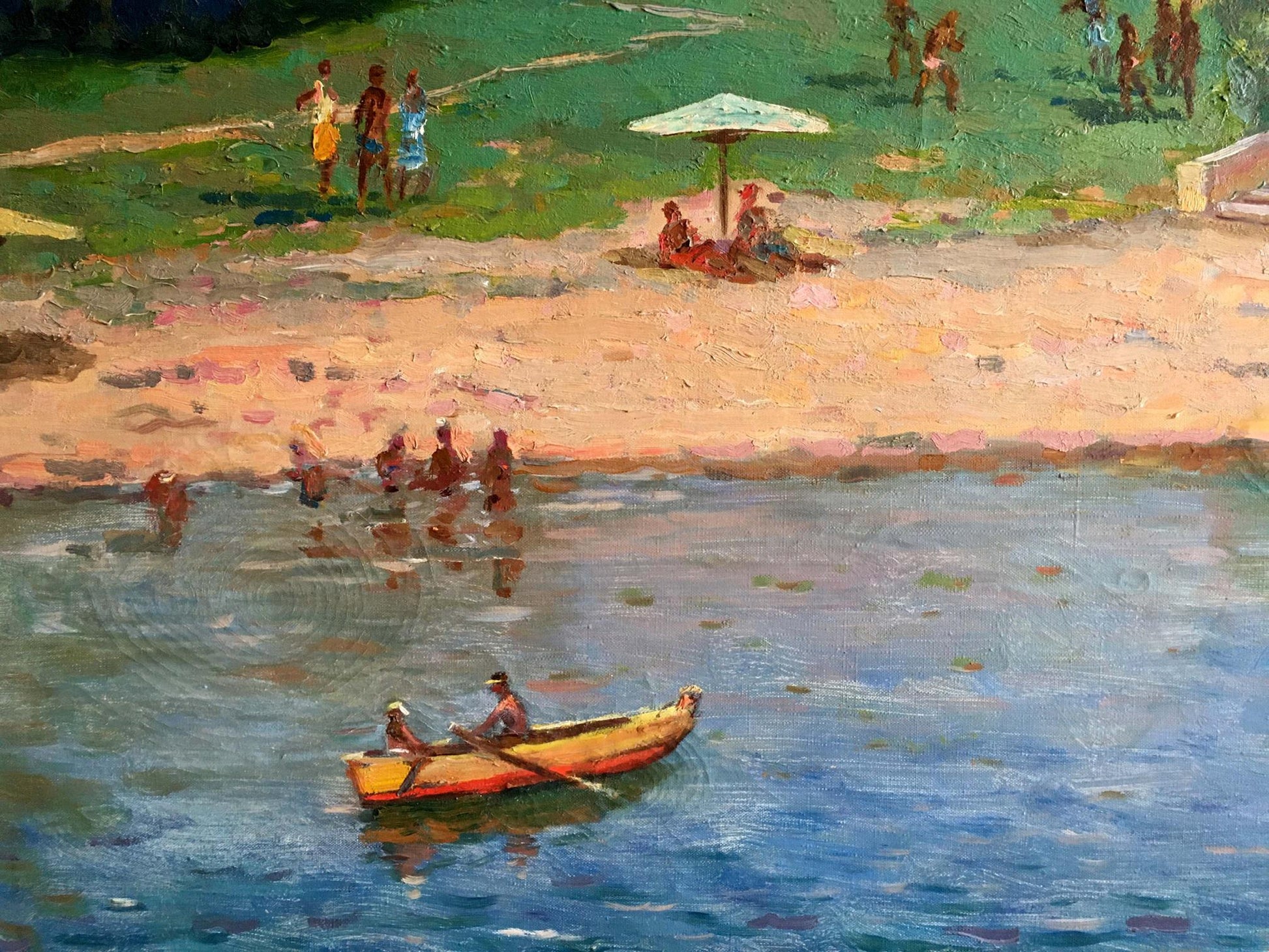 Oil painting recreation by Shvets Viktor Alexandrovich of wooden rowboat with yellow hull and red trim carrying two people on calm blue water