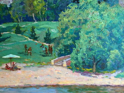 Oil painting recreation by Shvets Viktor Alexandrovich of vibrant green trees framing sunlit beach