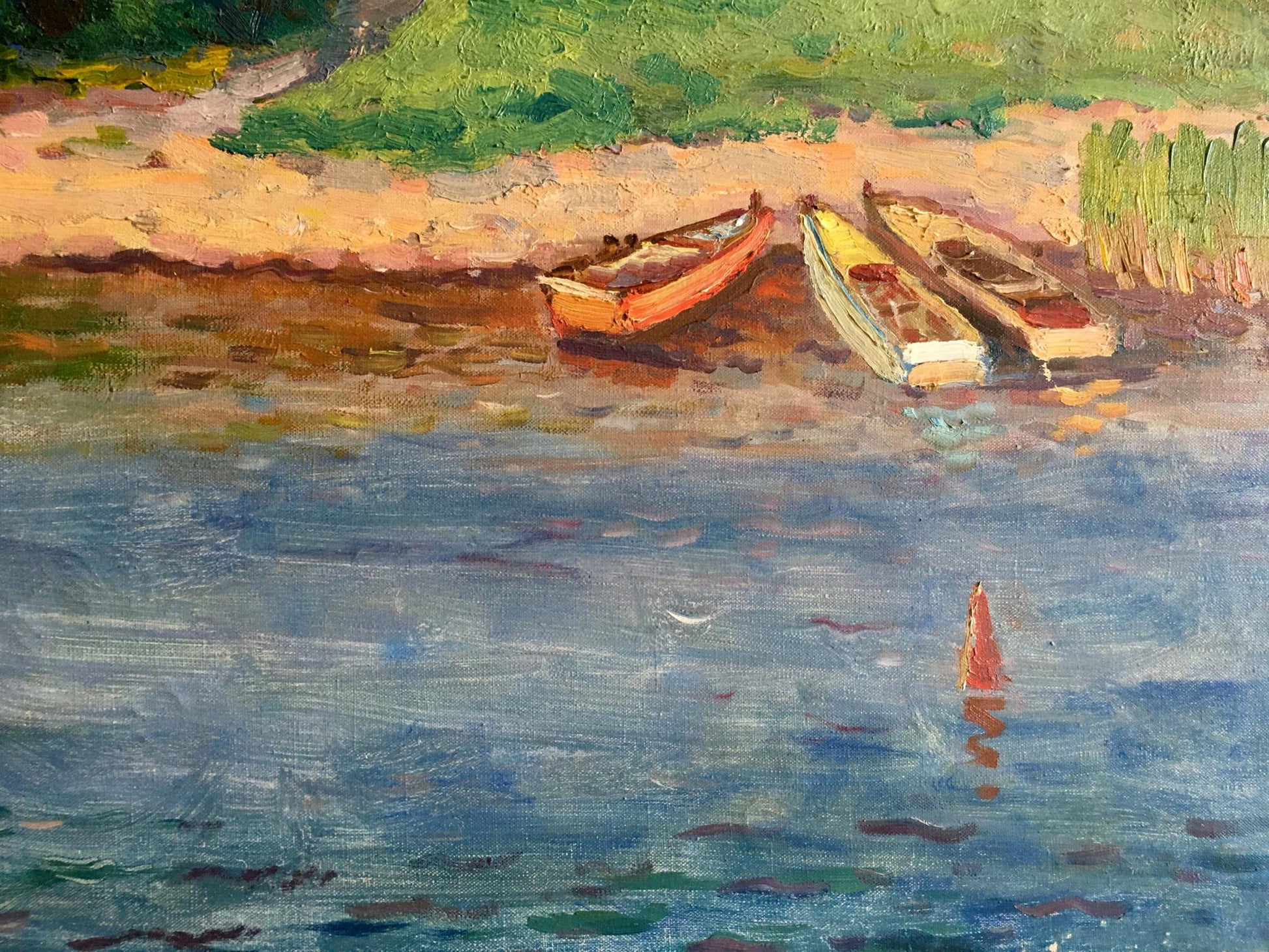 Oil painting recreation by Shvets Viktor Alexandrovich: orange and yellow rowboats on blue water